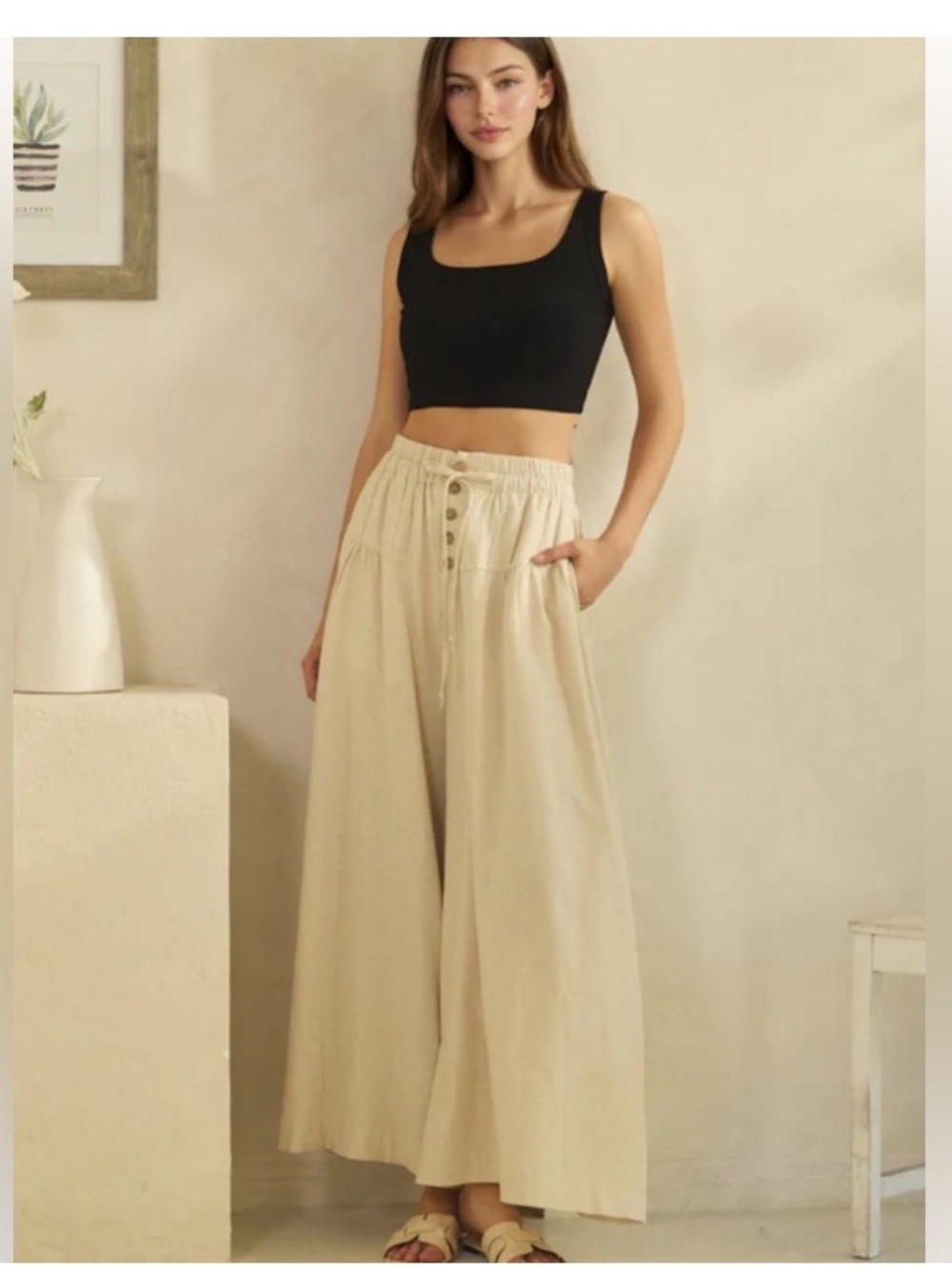 Oli & Hali Wide Leg Cream Button-Front Pants